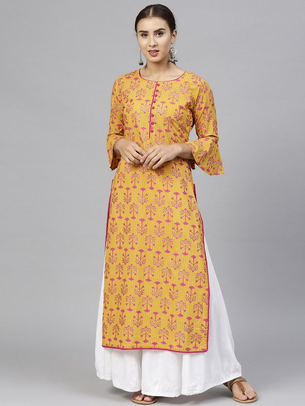 Women Woven Design Cotton Blend Straight Kurta  (Yellow)