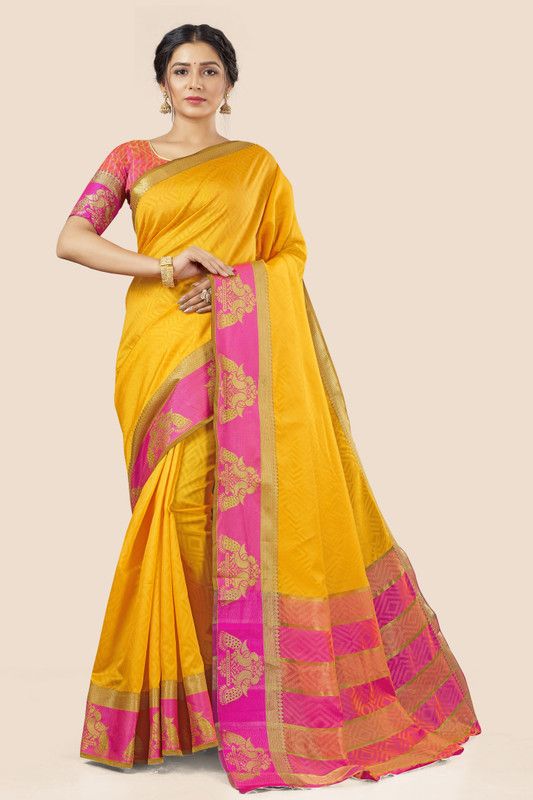 Solid/Plain Banarasi Art Silk, Cotton Silk Saree  (Yellow)
