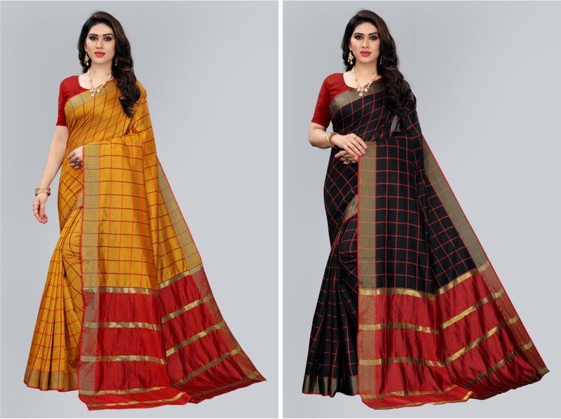 Checkered Bollywood Silk Blend Saree  (Pack of 2, Black, Mustard)