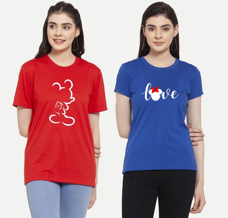 Graphic Print Women Blue, Red T-Shirt  (Pack of 2)
