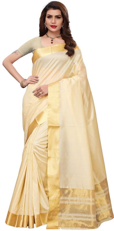 Solid/Plain Mysore Tussar Silk, Art Silk Saree  (Cream)