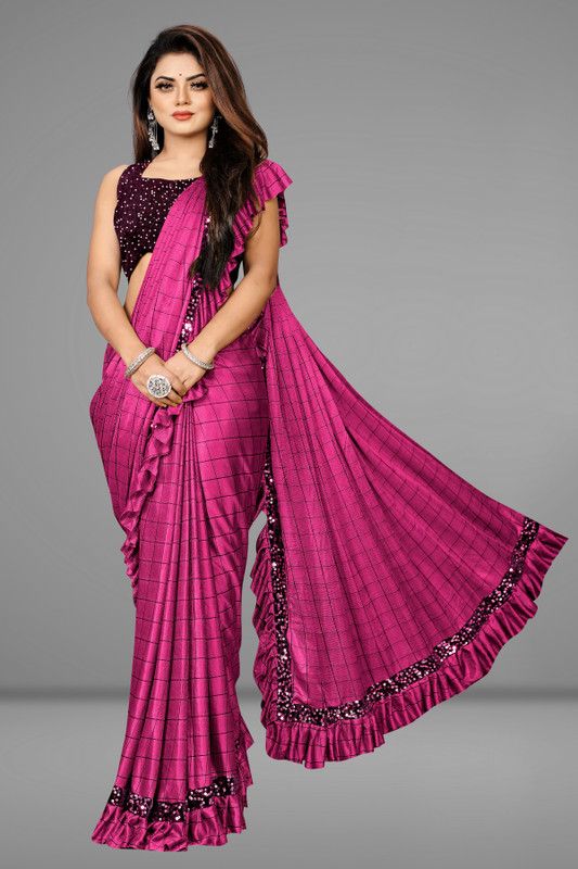 Checkered Bollywood Lycra Blend Saree  (Pink)