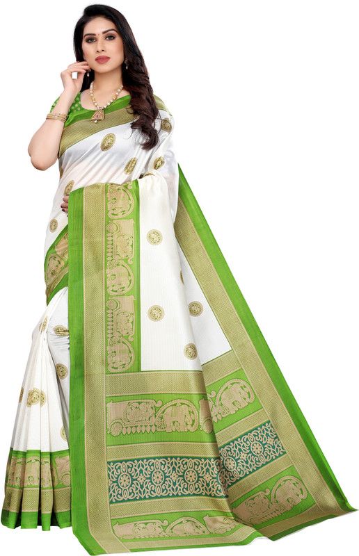 Animal Print Bhagalpuri Art Silk Saree  (White, Light Green)