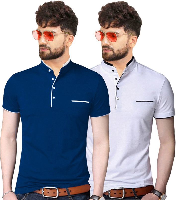 Pack of 2 Men Solid Henley Neck Pure Cotton White, Blue T-Shirt