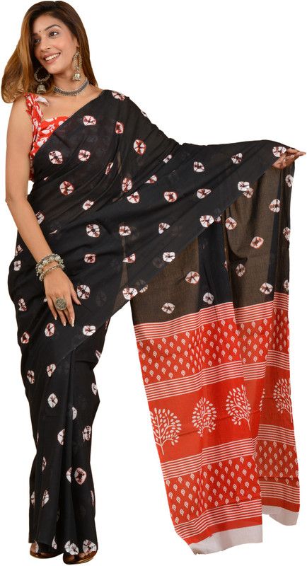 Printed, Self Design, Hand Painted, Blocked Printed, Graphic Print Ikkat Pure Cotton Saree  (Black)