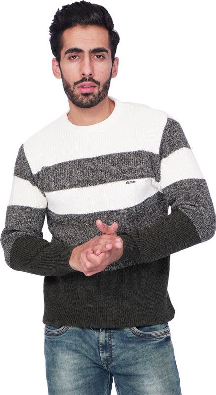 Men Striped, Colorblock Round Neck Grey Sweater