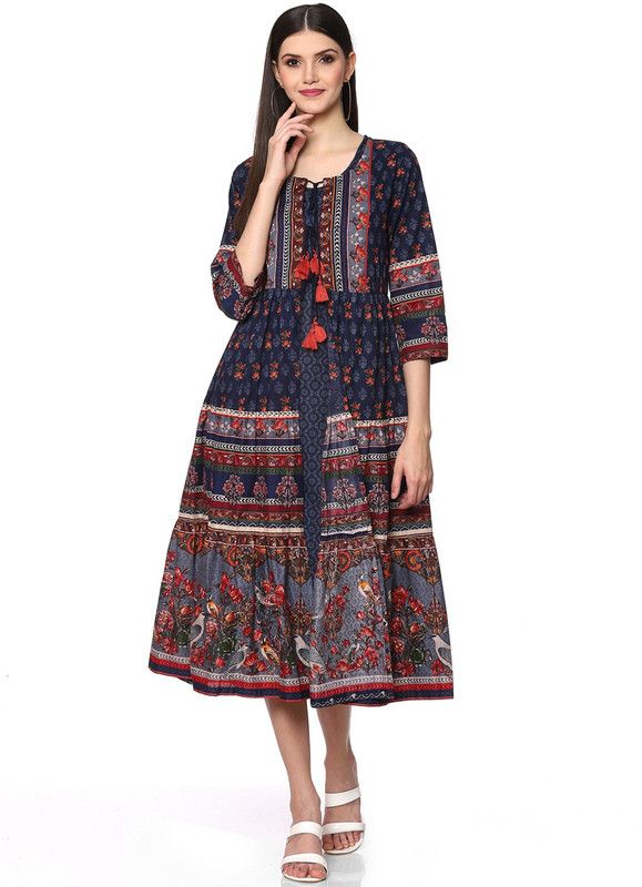 Pack of 2 Women Printed Cotton Blend Flared Kurta  (Blue)