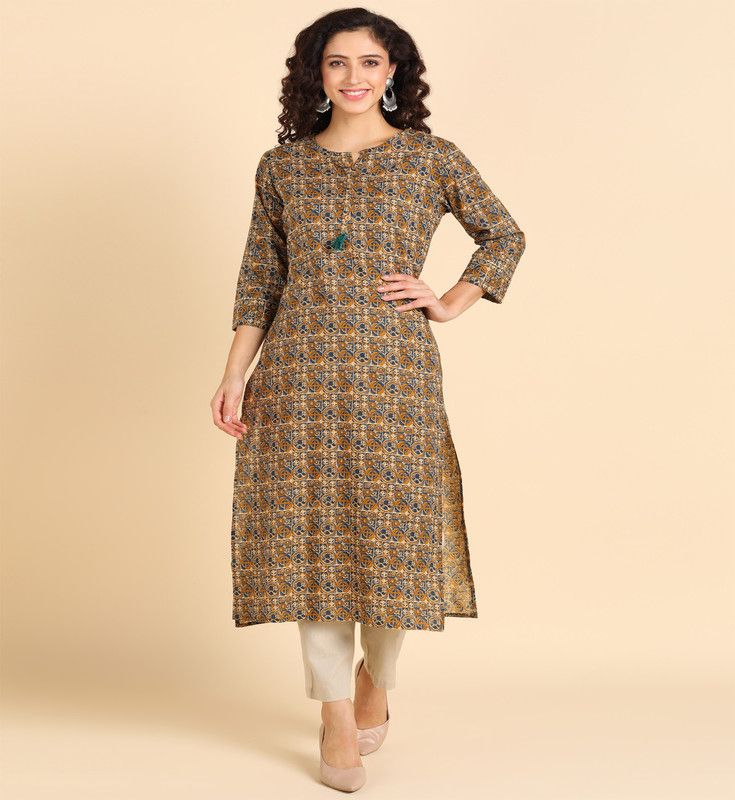 Women Printed, Geometric Print Pure Cotton Straight Kurta  (Beige)