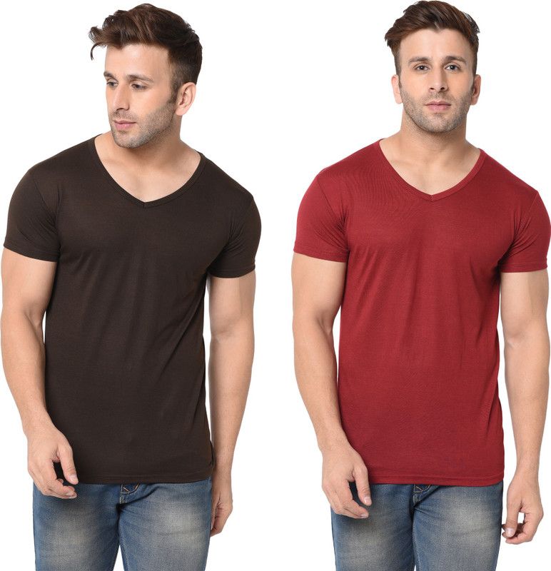 Pack of 2 Solid V Neck Men Solid V Neck Cotton Blend Brown, Maroon T-Shirt