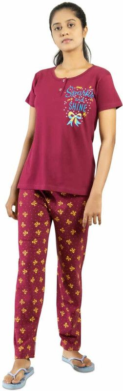 Women Top & Pyjama Set Maroon Animal Print