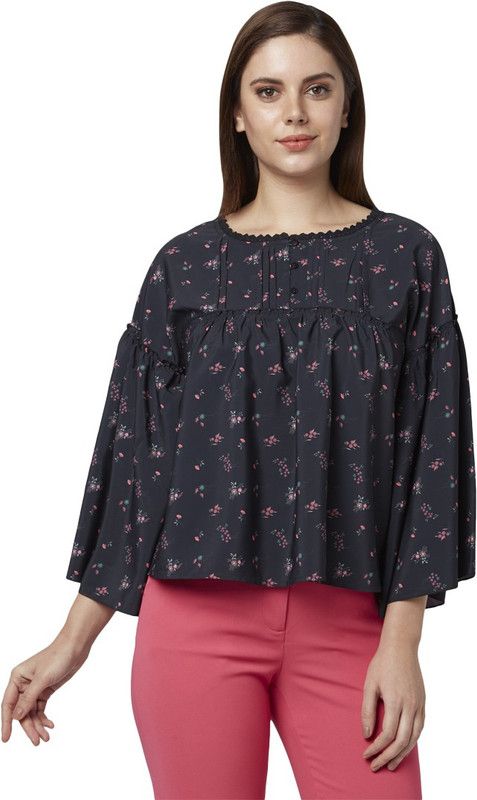 Casual Flared Sleeves Printed Women Black Top