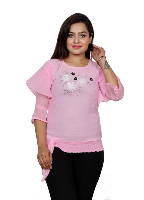 Casual Ruffled Sleeves Embroidered Women Pink Top