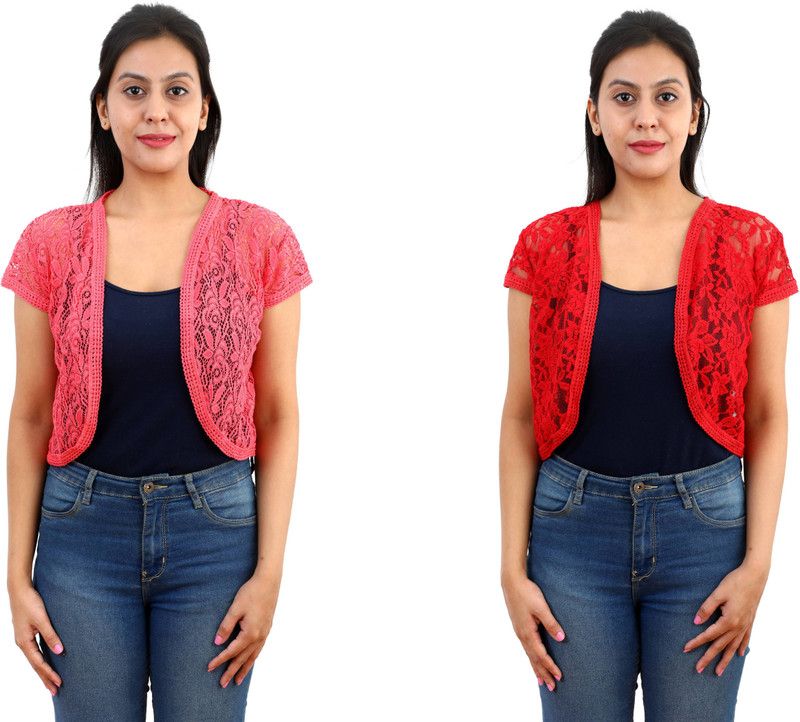 Women Short Sleeve Pink, Red Shrug