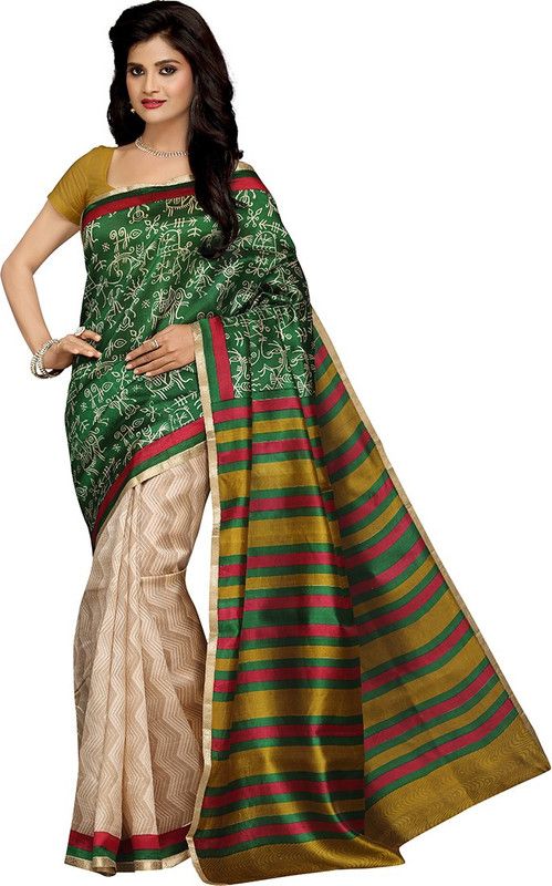 Printed Bhagalpuri Handloom Pure Silk, Dupion Silk Saree  (Green)