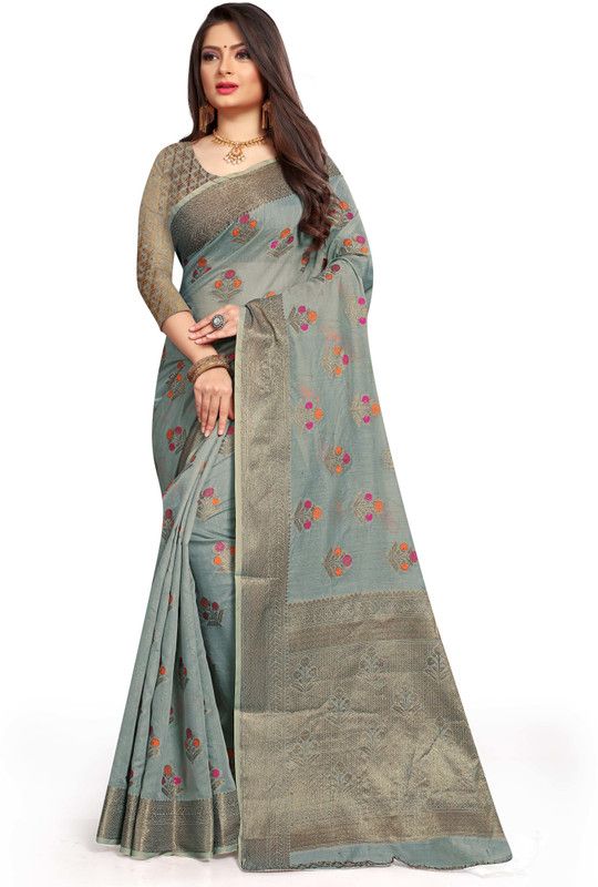 Floral Print, Woven Kota Doria Jacquard, Cotton Silk Saree  (Grey, Gold)