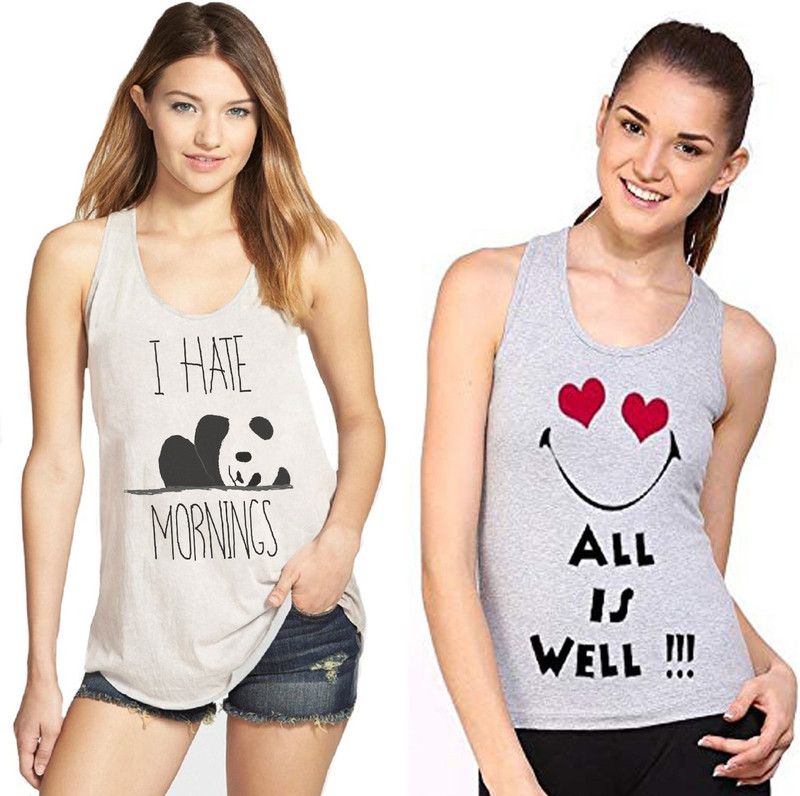 Pack of 2 Casual Sleeveless Printed Women Grey Top