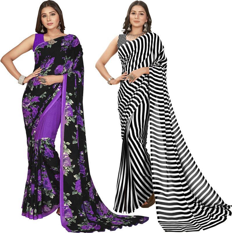 Printed Daily Wear Georgette Saree  (Pack of 2, Purple, Black)