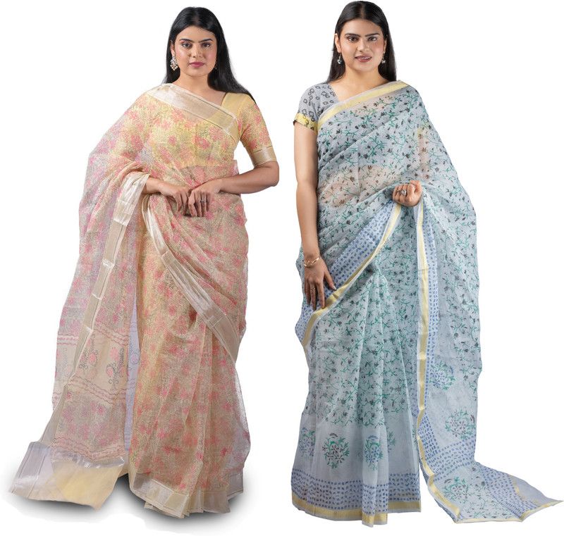 Printed Kota Doria Cotton Blend Saree  (Pack of 2, Multicolor)