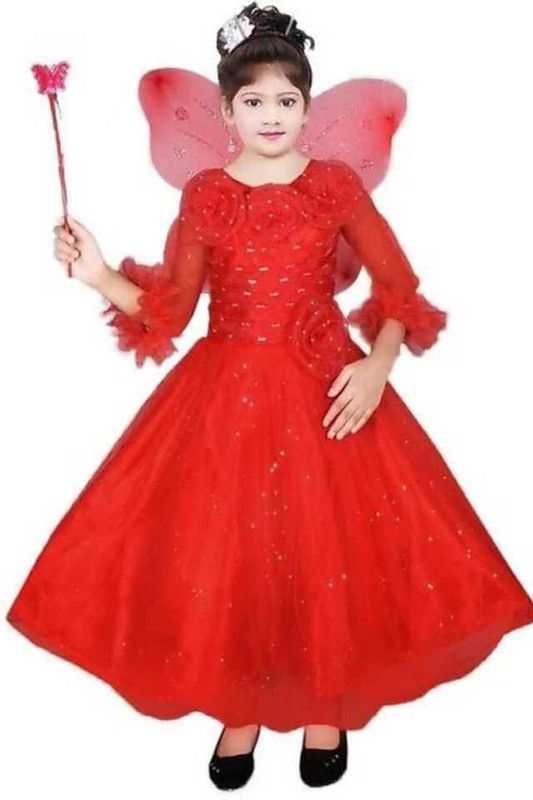 Baby Girls Calf Length Party Dress  (Red, 3/4 Sleeve)