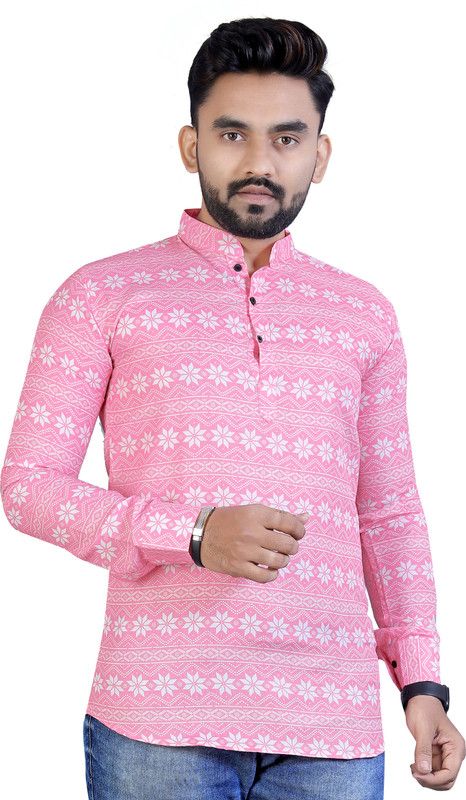 Men Geometric Print Cotton Blend Straight Kurta  (Pink)