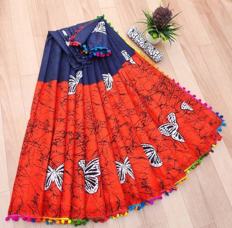 Daily Wear Pure Cotton Saree  (Orange, Blue)