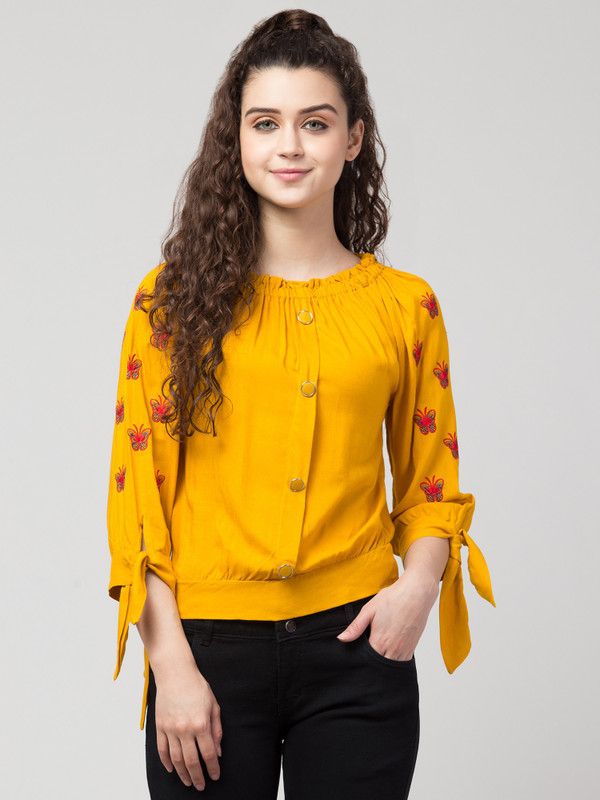 Casual Slit Sleeves Embroidered Women Yellow Top With Attached Dupatta