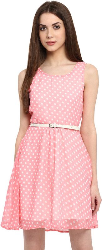 Women Fit and Flare White, Pink Dress