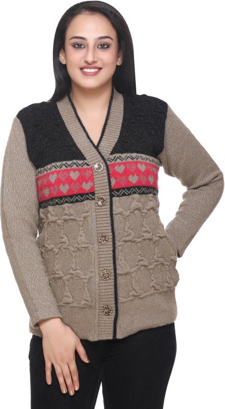 Women Woven V Neck Multicolor Sweater