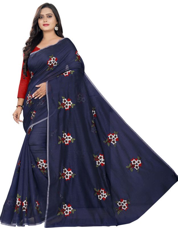 Embroidered Chanderi Chanderi Saree  (Dark Blue)