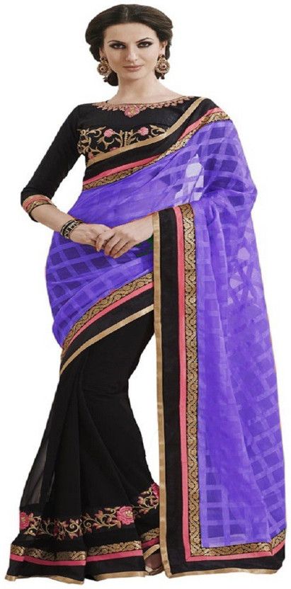 Embroidered Bollywood Handloom Georgette Saree  (Purple, Black)