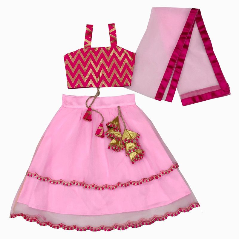 Girls Lehenga Choli Party Wear Printed Ghagra, Choli, Dupatta Set  (Pink, Pack of 1)