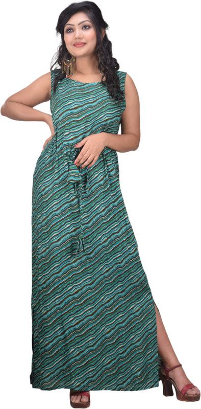 Striped Rayon Blend Stitched Straight Gown  (Green)