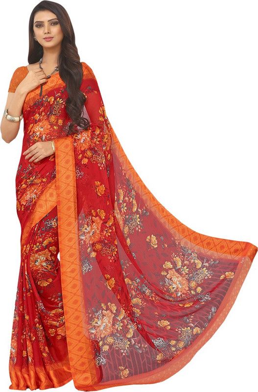 Printed, Floral Print Bollywood Georgette, Chiffon Saree  (Multicolor, Red, Orange)