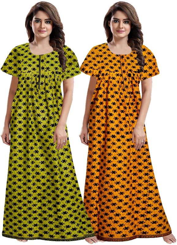 Pack of 2 Women Maternity/Nursing Nighty  (Green, Yellow)
