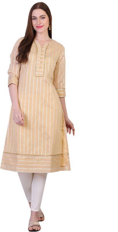 Women Striped Chanderi Straight Kurta  (Beige)