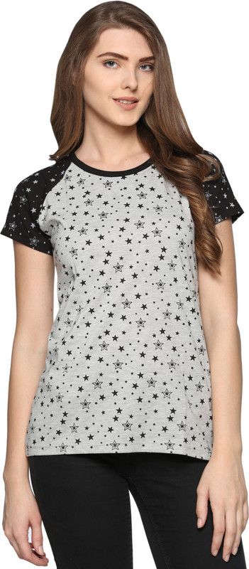 Women Printed Round Neck Cotton Blend Black, Grey T-Shirt