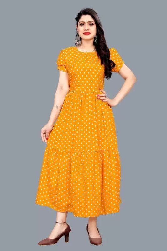 Women Self Design Crepe Flared Kurta  (Orange)