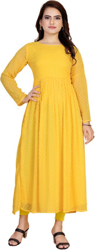 Solid Georgette Stitched Flared/A-line Gown  (Yellow)
