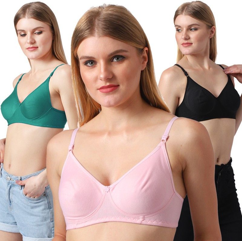 Pack of 3 Women Full Coverage Non Padded Bra  (Green, Pink, Black)