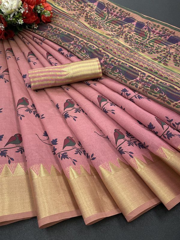 Striped, Checkered Bandhani Cotton Silk Saree  (Pink)