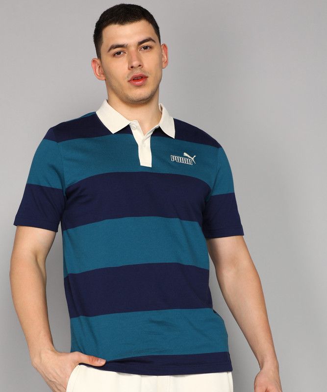 x1DER Core Polo Men Striped Polo Neck Cotton Blend Blue T-Shirt