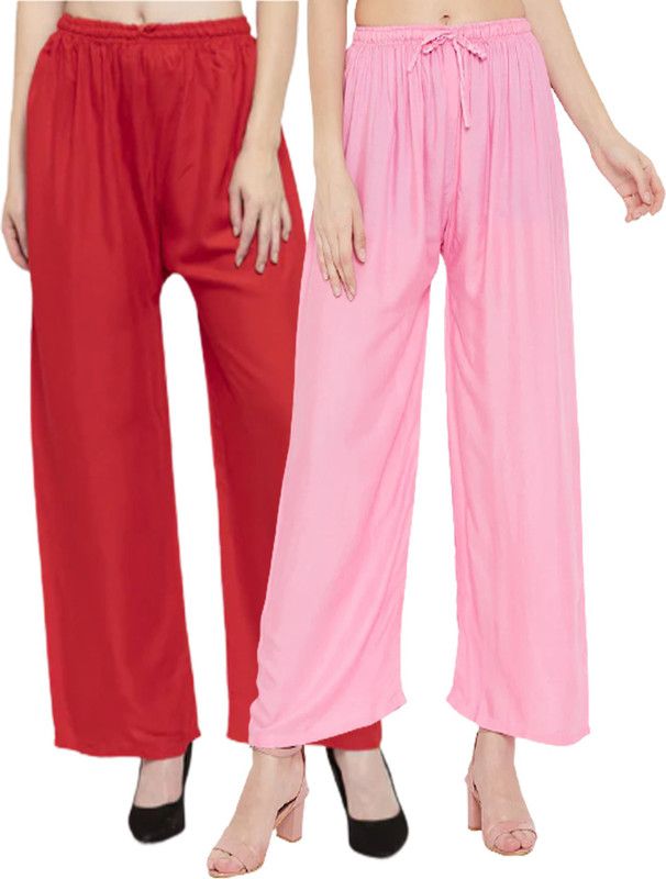 Pack of 2 Women Flared Red, Pink Viscose Rayon Trousers
