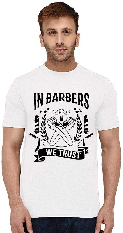 Barbers We Trust Men Printed Round Neck Pure Cotton White T-Shirt