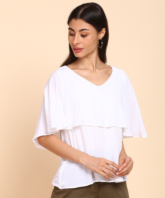 Casual Butterfly Sleeves Self Design Women White Top