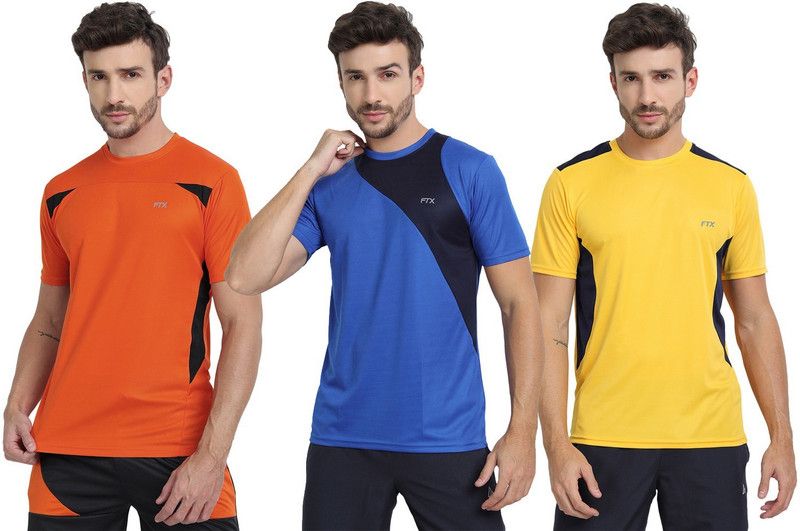 Pack of 3 Men Solid Round Neck Polyester Gold, Blue, Orange T-Shirt