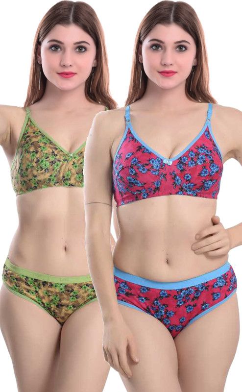 Bra & Panty Set Floral Print Green, Red Lingerie Set