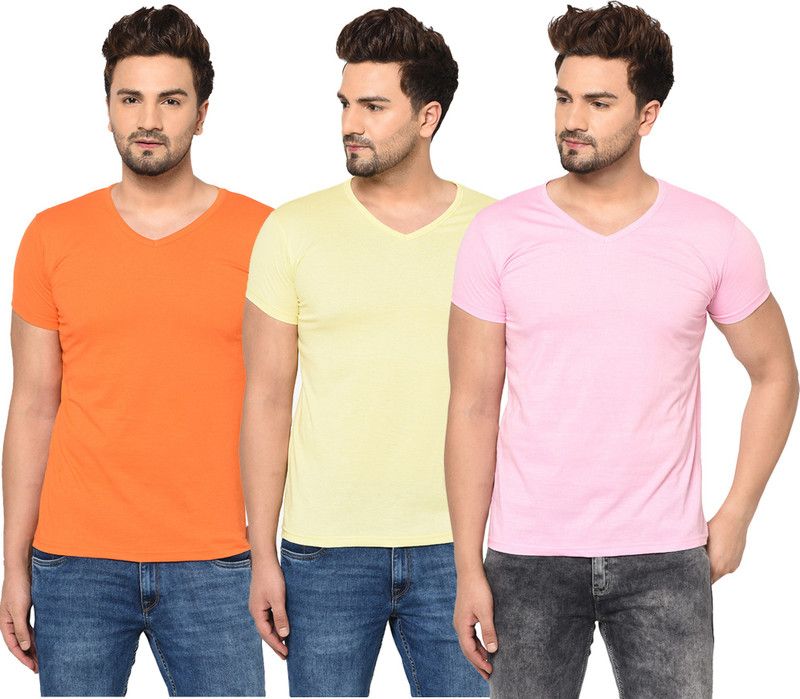 Pack of 3 V neck Combo T-shirts Multicolor Men Solid V Neck Cotton Blend Pink, Orange, Yellow T-Shirt