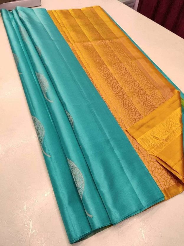 Woven Kanjivaram Jacquard, Art Silk Saree  (Light Blue, Yellow)