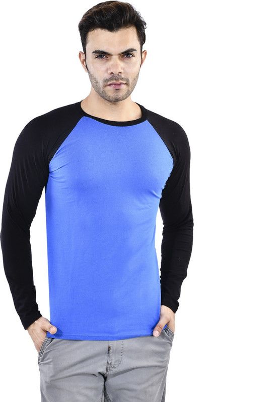 Full sleeve T-shirt Men Colorblock Round Neck Cotton Blend Blue, Black T-Shirt