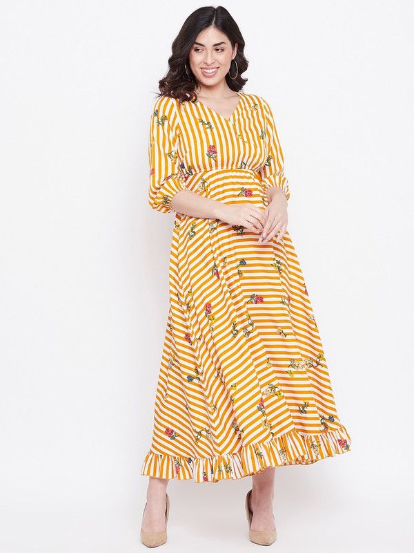 Women Printed Crepe Flared Kurta  (Yellow)